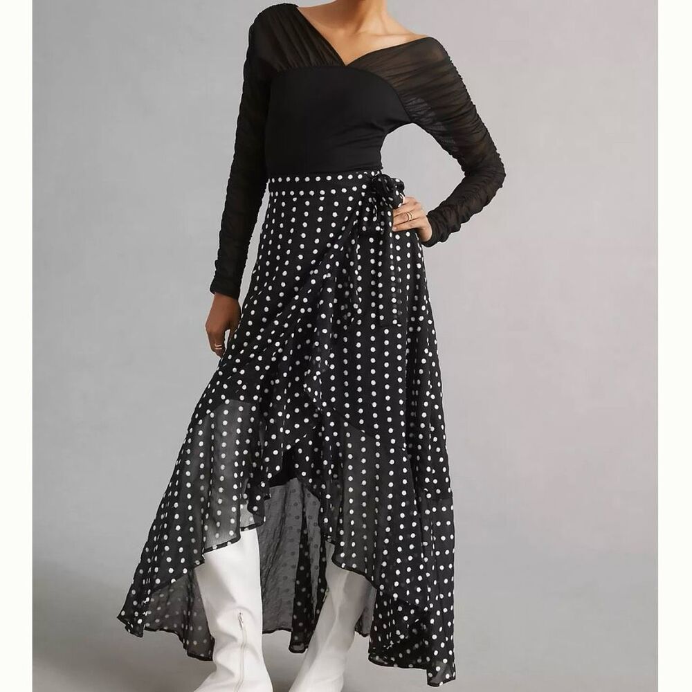 Anthropologie Black and White Polka Dot Maxi Skirt